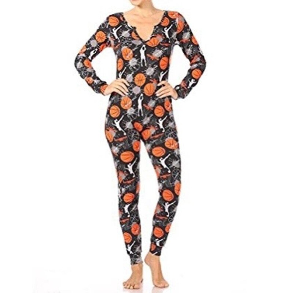 Shosho Women Basketball Print Union Suit Henley‎ Pajamas Black Orange Long Small